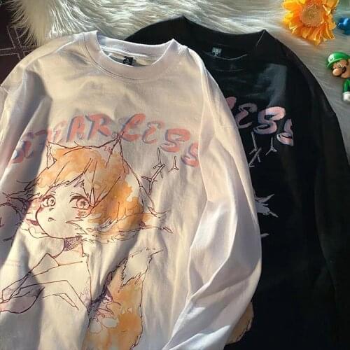 Goth Anime Girl Comics Print Long Sleeve Tops Woman Tshirts 2021 Autumn New Harajuku Fashion Clothes for Teens Japanese Stylish