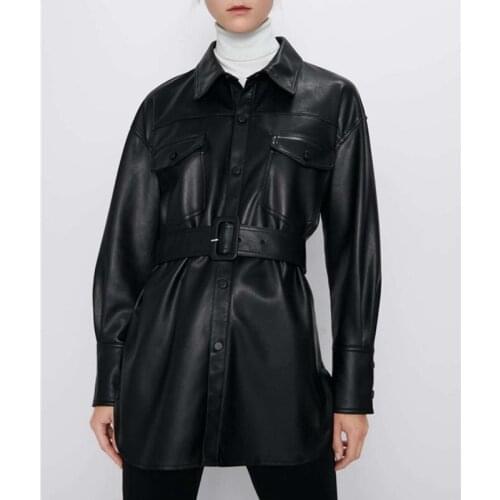 2019 New Slim PU Coats Women Fashion Faux Leather Jackets Women Elegant Tie Belt Waist Pockets Buttons Coats Female Ladies