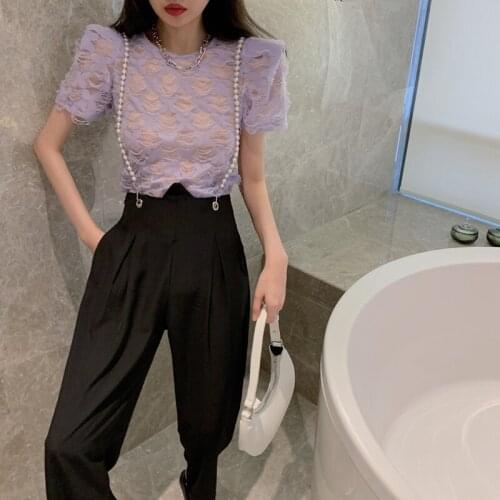 Summer Casual Women Clothing Suits O-Neck Short Sleeve Lace Tops + Pearl Suspender Trousers Strap Pants 2 Piece Sets Female