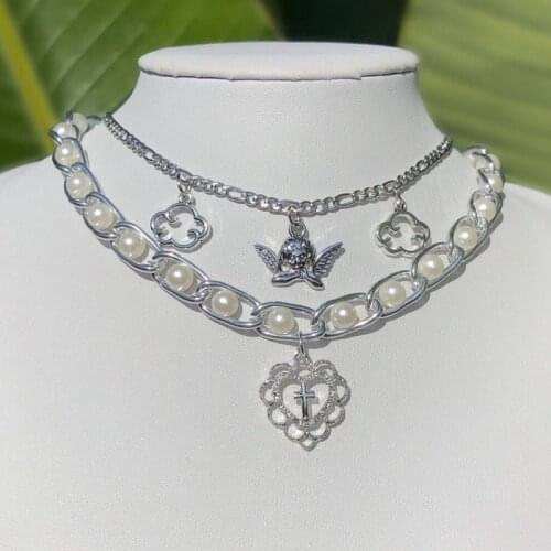 Angel Pearl Cross Pendant Necklaces For Women Punk Hip Hop Baroque Choker Necklace Hollow Out Heart Jewelry