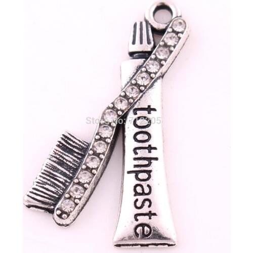 10pcs a lot Antique Silver Plated Zinc studded with sparkling crystals Toothbrush and Toothpaste Crystal Pendant