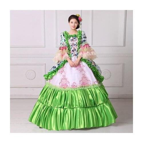 100%real green ruffled flower Medieval Renaissance ball gown Sissi princess dressVictorian/Marie Antoinette/Colonial Belle Ball