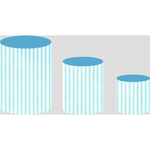 White and Blue Stripes Plinth Cover Cylinder Round Backdrop for Baby Shower