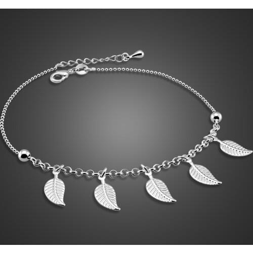New 100% 925 Sterling silver leaves Anklets Women Summer Beach Barefoot Sandals Bracelet ankle on the leg Foot Accessories