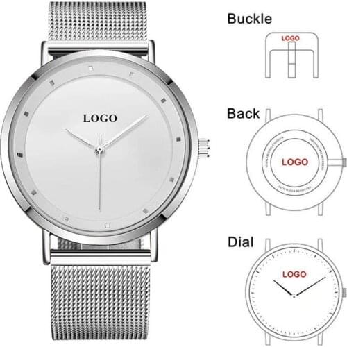 CL057 OEM Custom Logo Simple Design Watch Unisex Men Woman Stainless Steel Mesh Wrist Watch Minimalist Watch