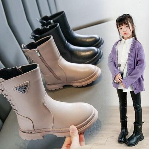 Children Boots Girls Fashion Leather Martin Boots 2020 Autumn Winter New Zipper Mid-Calf Plush Platform Waterproof Kids Shoes