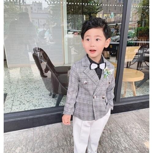 Kids Formal Wedding Suit Children Performance Party Dress Flower Boys Plaid Jacket+Pants 2Pcs Clothing Set Gentleman