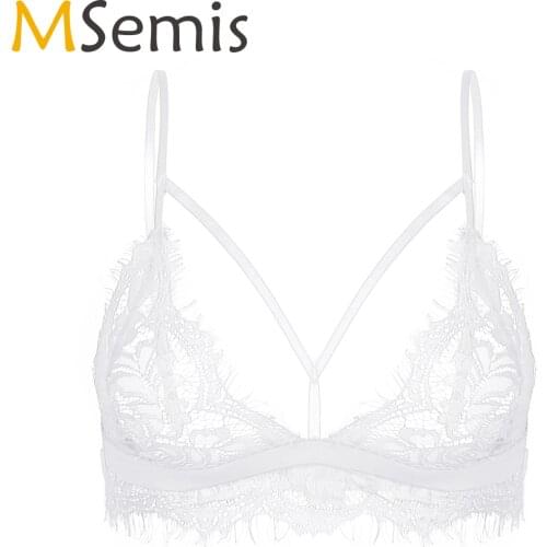 Women See-through Floral Lace Lingerie Costume Spaghetti Strap Low-cut Bra Tops Female Exotic Camisole Sissy Bras for Nightclub