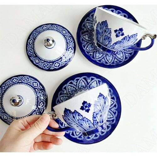 European Ceramic Cup and Saucer Set Silver Plating Process with Cover Coffee Cup Blue and White Porcelain Afternoon Tea Suits