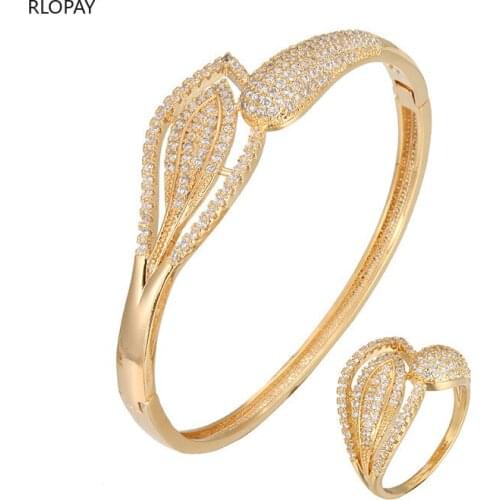 European Trendy Cubic Zirconia Bracelet with Ring Luxury Bridal Hand Jewelry Open Cuff Bangles Lovely Gifts for Women