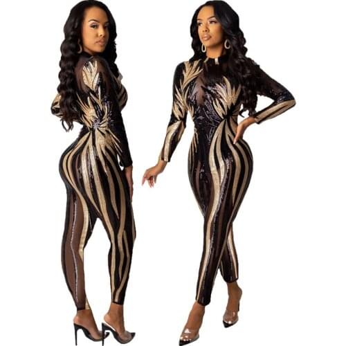 Cutubly See Through Mesh Jumpsuit for Women Sexy New Winter Women Skinny Jumpsuit O-Neck Full Sleeve Sequined Rompers Clubwear