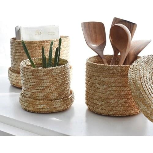 Corn Husk Storage Basket Woven Snack Organizer with Lid Cosmetic Organizers Boxes Kitchen Spice Box Home Dormitory Flower Basket