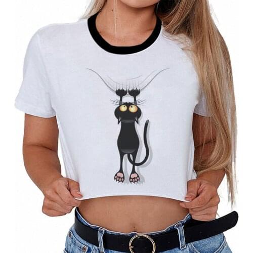 Summer Fashion Harajuku Sexy Tank Crop Top White T Shirt Clothes Women Naughty Black Cat Women Cute Cartoon Croptop Short Sleeve