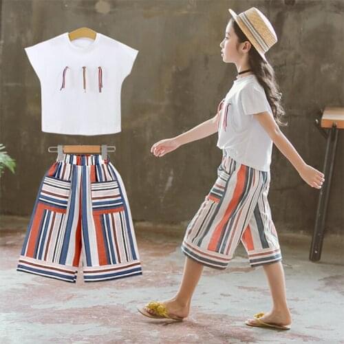 Girls Summer Clothing 2020 New Fashionable Sets Childrens white Tops and Striped wide-leg pants suit short sleeve two-piece