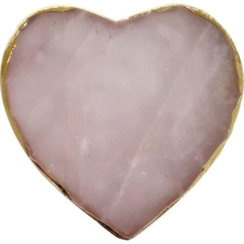 Natural Heart Crystal Stone Cup Mat, 3PCS Small Drink Coasters with Gold Brass Edge, Coffee Table Party Decor