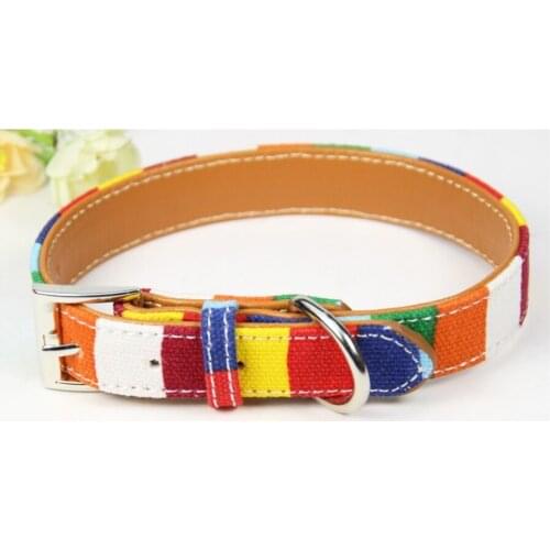 Adjustable Pet Dog Collar Rainbow Cloth Material Leash PU Leather Plain Strap Collar For Small Dogs Size S M L