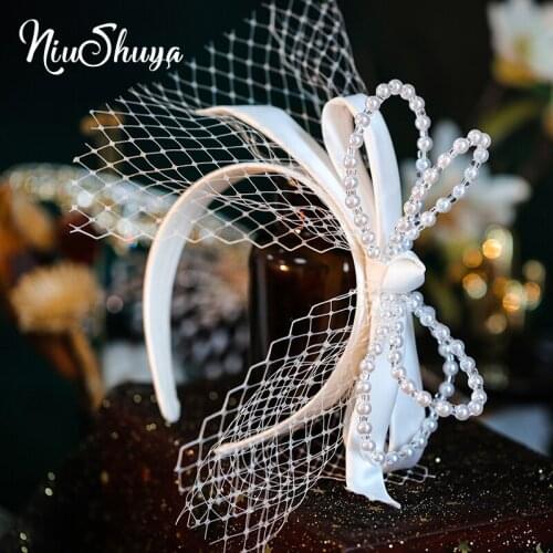 NiuShuya Romantic Pearl Lace Silk Hairband Women Whiteb Bride Headband Pearl Wedding Hair Accessories