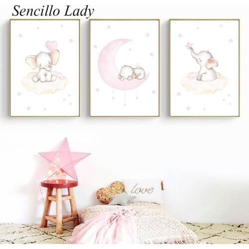 Pink Kawaii Elephant Moon Canvas Painting Baby Nursery Art Poster Print Decorative Picture Nordic Kid Girl Bedroom Decoration