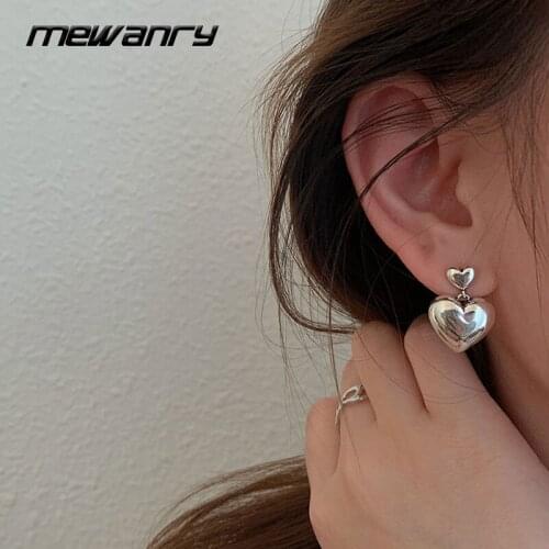 MEWANRY Prevent Allergy 925 Sterling Silver Drop Earrings for Women New Trendy Vintage Smooth LOVE Heart Pendant Party Jewelry