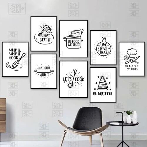 Nordic Cartoon Kitchenware Art Canvas Painting Print and Poster Black White Cooking Quote Wall Pictures Dining Hall Decor