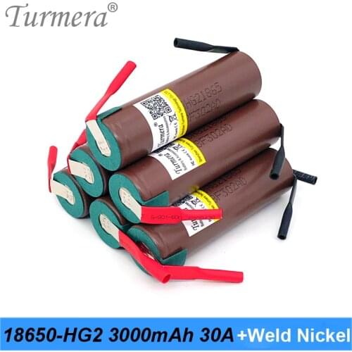 Turmera 2021 HG2 18650 3000mAh Battery 30A Soldering Nickels for 12V 14.4V 18V 21V 25V Electric Drill Screwdriver Batteries Use