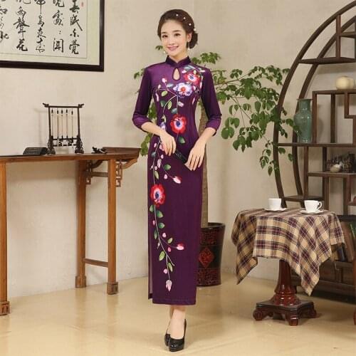 High Quality Velvet Flower Women Traditional Dress Women Elegant Cheongsam Long Sleeve National Trend Chinese Dress Qipao 6