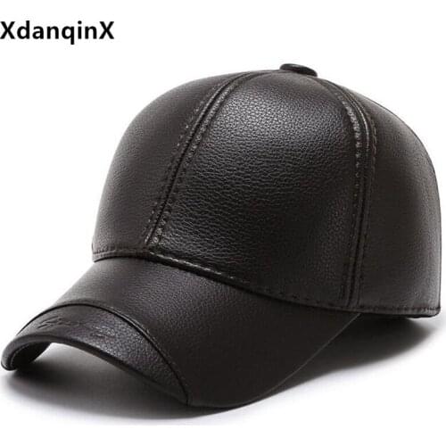 XdanqinX Winter New Mens PU Leather Baseball Cap Warm Hat Fashion Casual Sports Caps Thick Earmuffs Hats Middle-aged Dads Hat