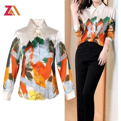 ZALady Summer Autumn Vintage Printed Shirt Womens Clothing Long Sleeve Office Work Streewear Plus Size 3XL Blouses Ladies Tops