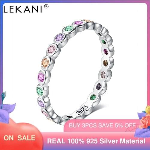 LEKANI 925 Sterling Silver Rainbow Finger Rings For Women Dazzling Colorful Zircon Engagement Wedding Ring Statement Jewelry