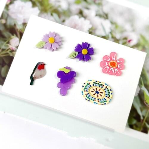 Artistic Ear Stud Patch Acrylic Flower Grape Bird Earrings Accessories DIY Handmade Ornament Hair Clip Accessories 4pcs