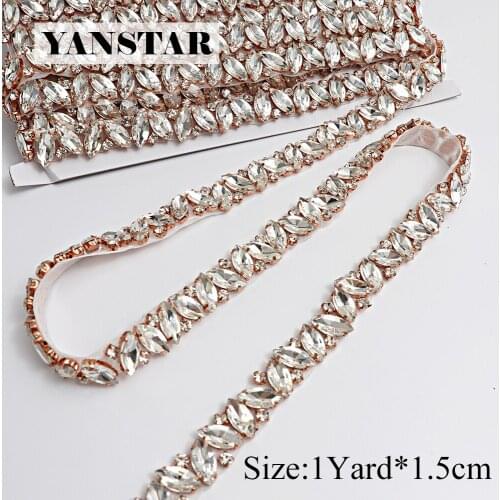 YANSTAR Wholesale 10Yards*2CM Rhinestones Applique For Wedding Dress Clear Rose Gold Cry Applique For Bridal Sash YS968