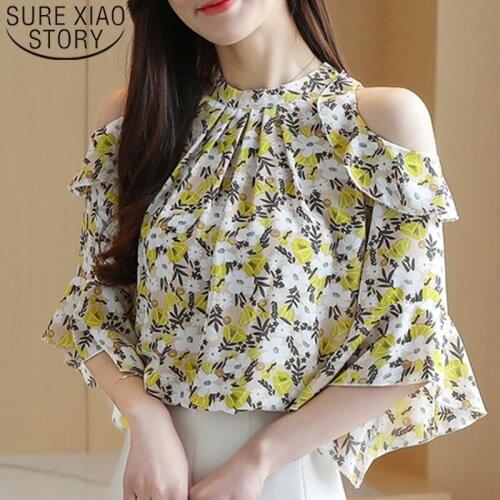 Blusas Mujer De Moda 2021 Summer New Loose Flower Off-Shoulder Pullover Blouse Women Short Sleeve OL Chiffon Shirt Women 8982 50