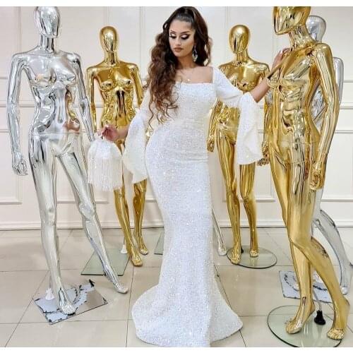 Long White Mermaid Sequin Square Collar Evening Dresses Floor Length Zipper Back Elegant Formal Party Dress for Women