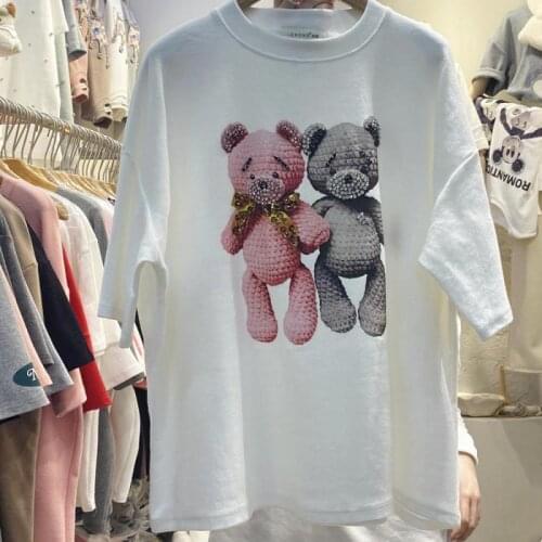 High-quality Cotton Short Sleeve T-shirt Women Korea Print Bear Harajuku Loose Tees Tops 2021 Summer New Nail Bead Tshirt Women