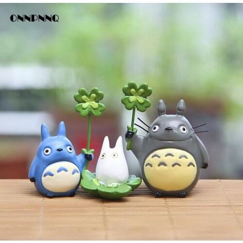 Kawaii Diy Cartoon Resin Totoro Figurines With Luck Green Grass Miniatures Micro Landscape For Kids Gift Doll Toy Decoration