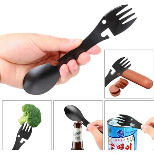 Stainless Steel Multi-function Tourist Camping Portable Fork Spoon Outdoor Tableware Bottle Opener Can Opener