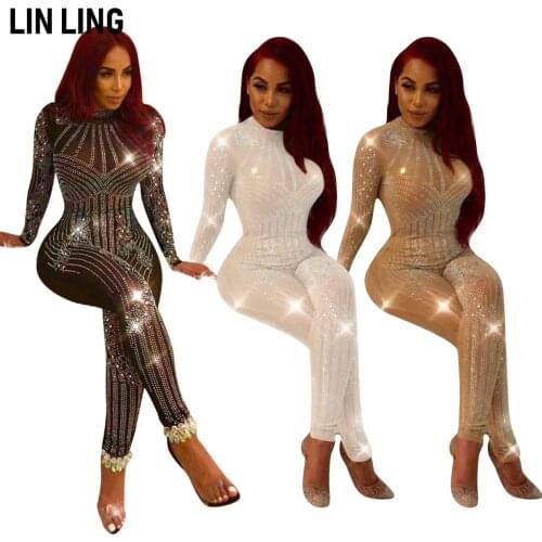 LINLING Fashion Women Drill Round Neck Long Sleeve Gauze Perspective Sexy Tight-Fitting Nightclub Hot Pencil Jumpsuit