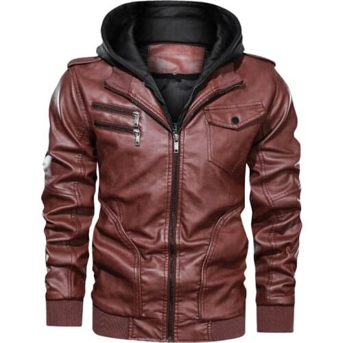 Mens Pu Jacket Winter Leather Hooded Biker Coat Men 2021 Streetwear Fleece Zipper Jacket with Detachable Hat Casual Overcoats