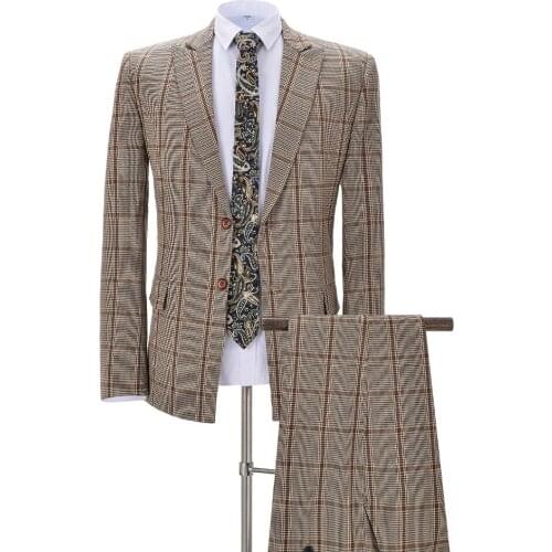 Men Suits Two Pieces Slim Fit Business Suits Groom Brown Noble Plaid Wool Tuxedos for Formal Wedding suits(Blazer+Pants)