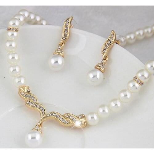 KUNIU Creative Gold Color Necklace 1Pair Earrings Wedding Bridal Pearl Rhinestone Jewelry Lady Female jewellery set for women