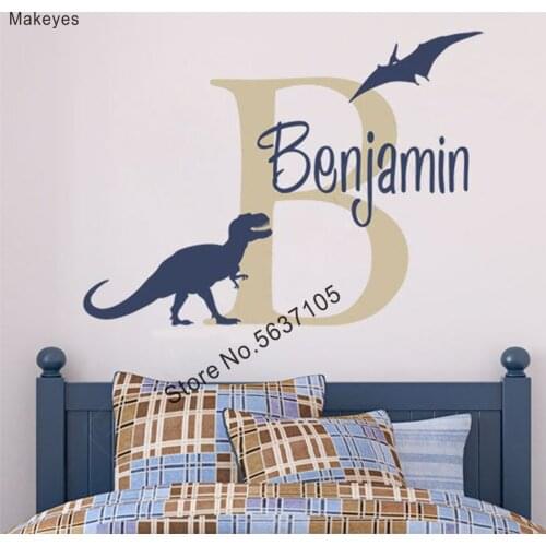 Makeyes Dinosaur Personalized Names Wall Stickers Baby Boys Name Custom Wall Decal Bats Cute Wall Decor Design Kids Bedroom Q304