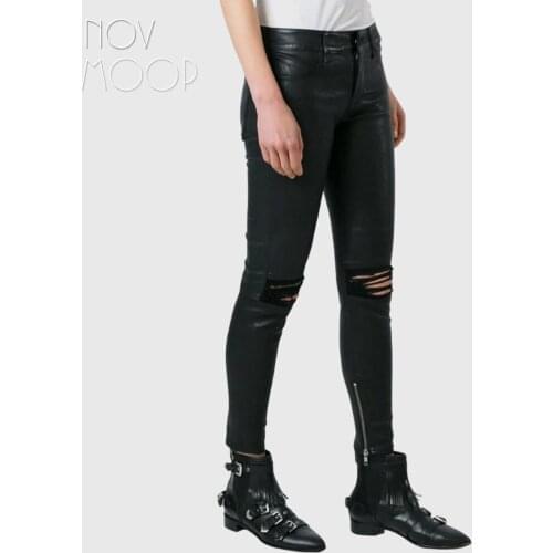 Novmoop super chic stretched genuine leather pensil pants ripped vintage treatment Pantalon en cuir stretch pour femme LT3232