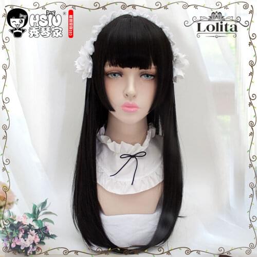 HSIU Harajuku Lolita wig Princess Cut wig Three-knife wig Princess Womens girls lady sweet Cute Lolita cosplay wig black Long
