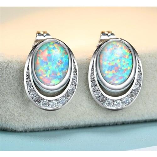 Luxury Female White Opal Stone Earrings Cute Silver Color Color Stud Earrings Vintage Hollow Oval Wedding Earrings For Women