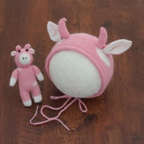 2 Pcs Baby Knitting Cow Hat Animal Doll Set Handmade Crochet Mohair Beanies