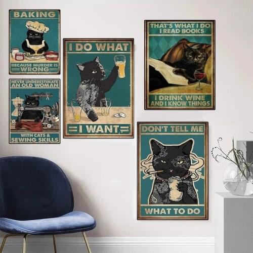Vintage Cartoon Black Cats Canvas Paintings Drinks Wine Posters Prints Wall Art Pictures for Living Room Wall Decoration Cuadros