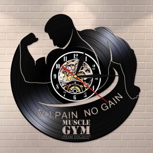 Sport Fitness Bodybuilding Vintage LED Backlight Modern Hoem Decor No Pain No Gain Music Gym Vinyl Record Wall Clock