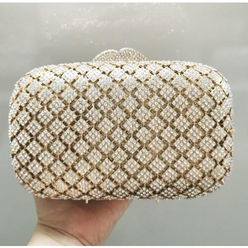 WHTUOHENG White Rhinestone Gold Metal Bridal Wedding Handbags 100% Handmade Fashion Elegant Ladies Evening Clutches Party Purses