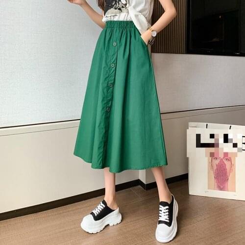 Summer Autumn Women Green White Skirt Elastic Waist Casual Pockets Blue Midi Skirt Office Work Wear Clothes Single Breasted
