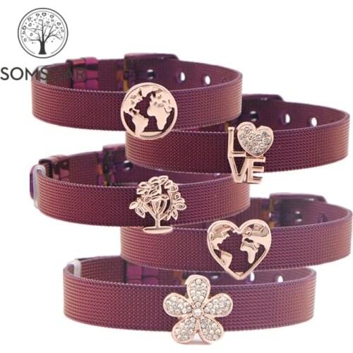 Somsoar Jewelry Purple Stainless Steel Mesh Bracelet Bangles with Slide Charms DIY Jewelry as special Gift